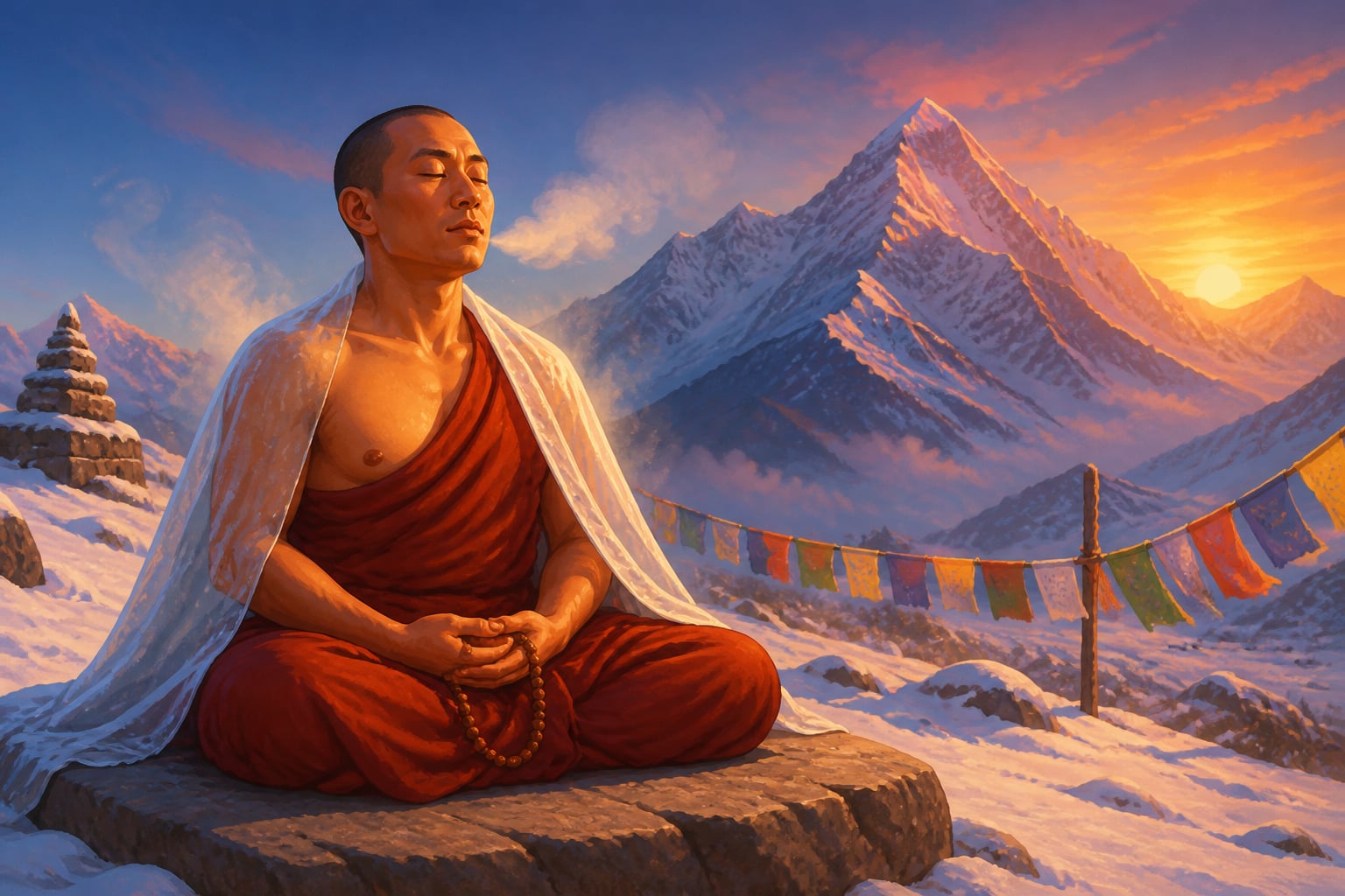A Tibetan monk steaming a wet sheet on his shoulders through tummo inner-heat meditation in snow