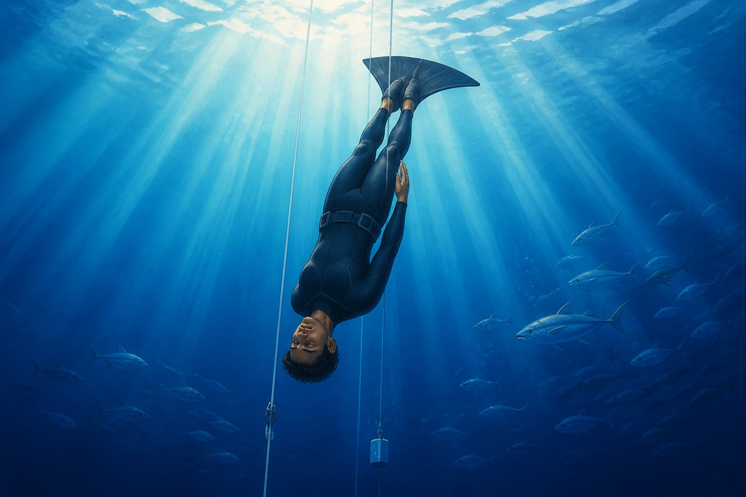 A modern freediver descending in deep apnea calm along a training line in the deep blue