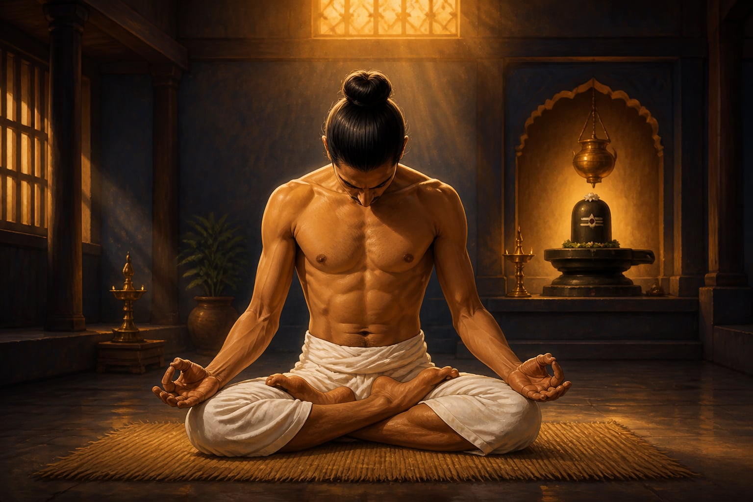An advanced yogi engaging jālandhara and uḍḍiyāna bandhas during bahya kumbhaka