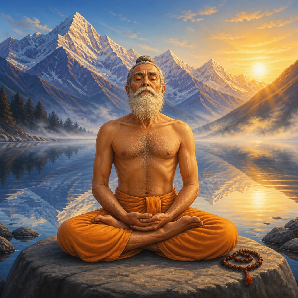 A yogi practicing kumbhaka beside a still mountain lake in the Himalayas