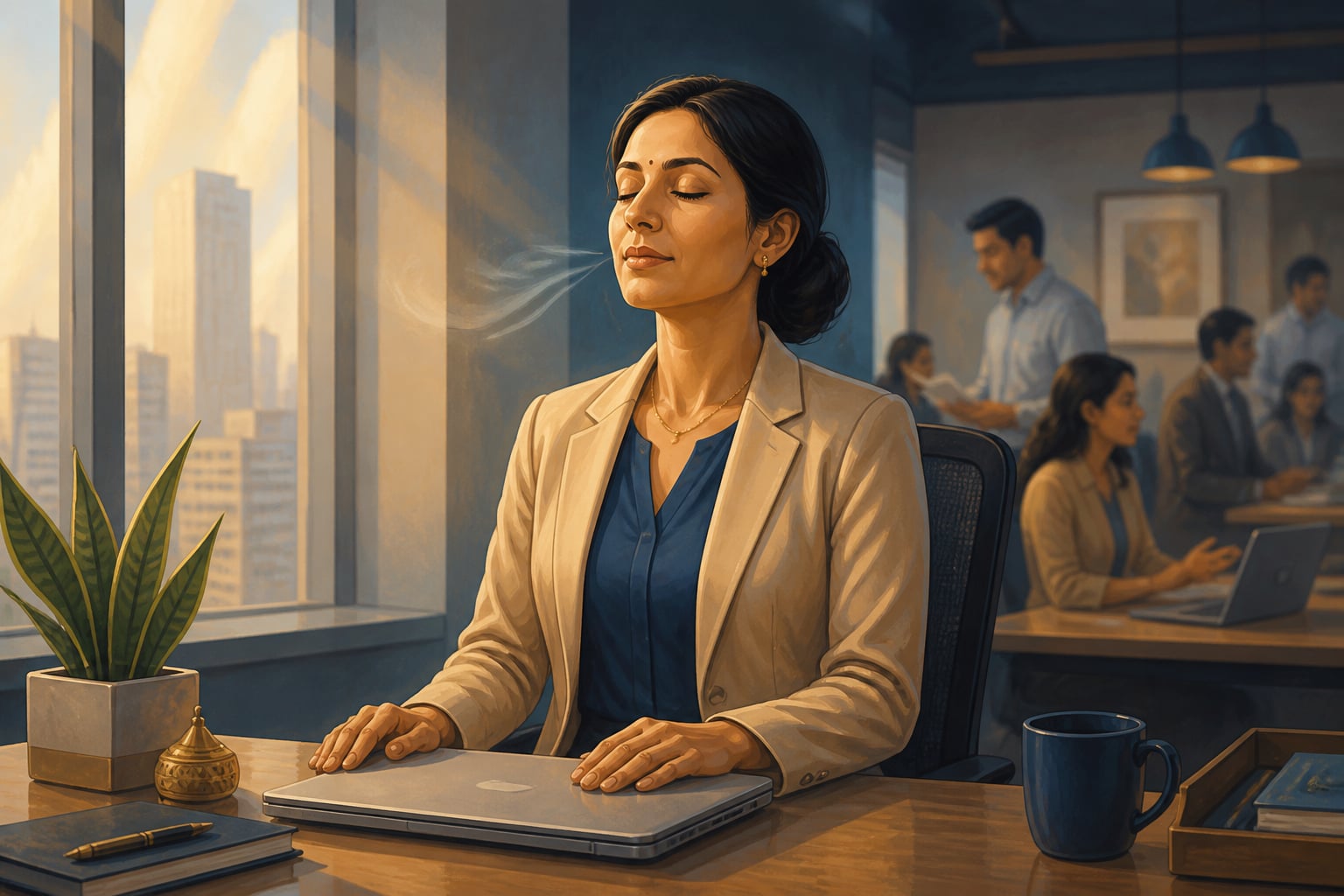 A professional using subtle ujjayī at her office desk before a stressful meeting