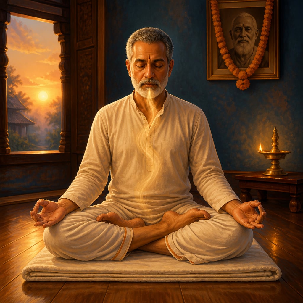 A seated yogi in Mysore practicing ujjayi breath with subtle throat constriction
