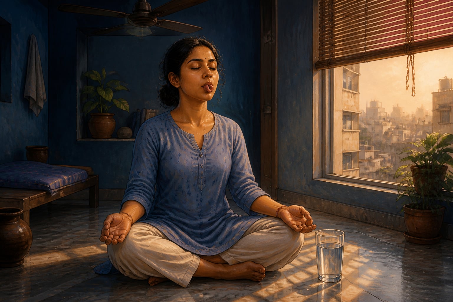 A young woman in a Delhi apartment using śītalī breath during a heatwave power outage