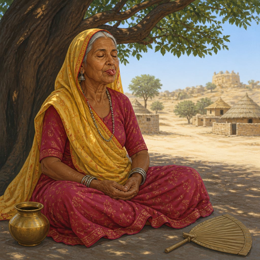 An elderly Rajasthani woman practicing sitali under a neem tree