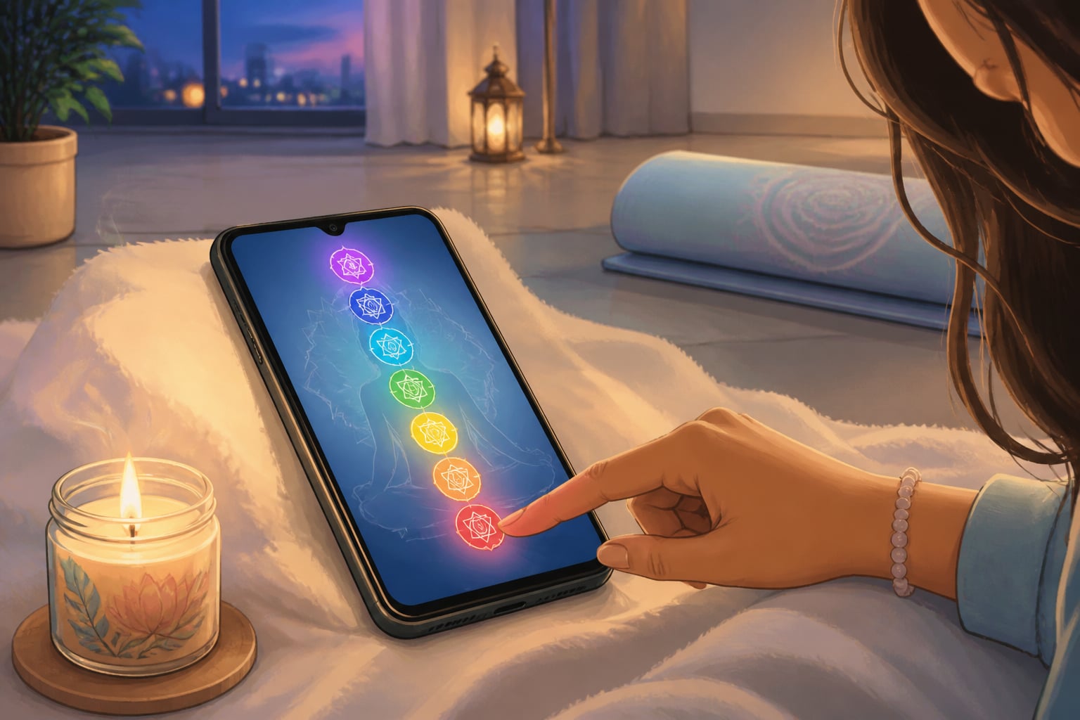 A modern smartphone chakra-balancing app on an apartment floor