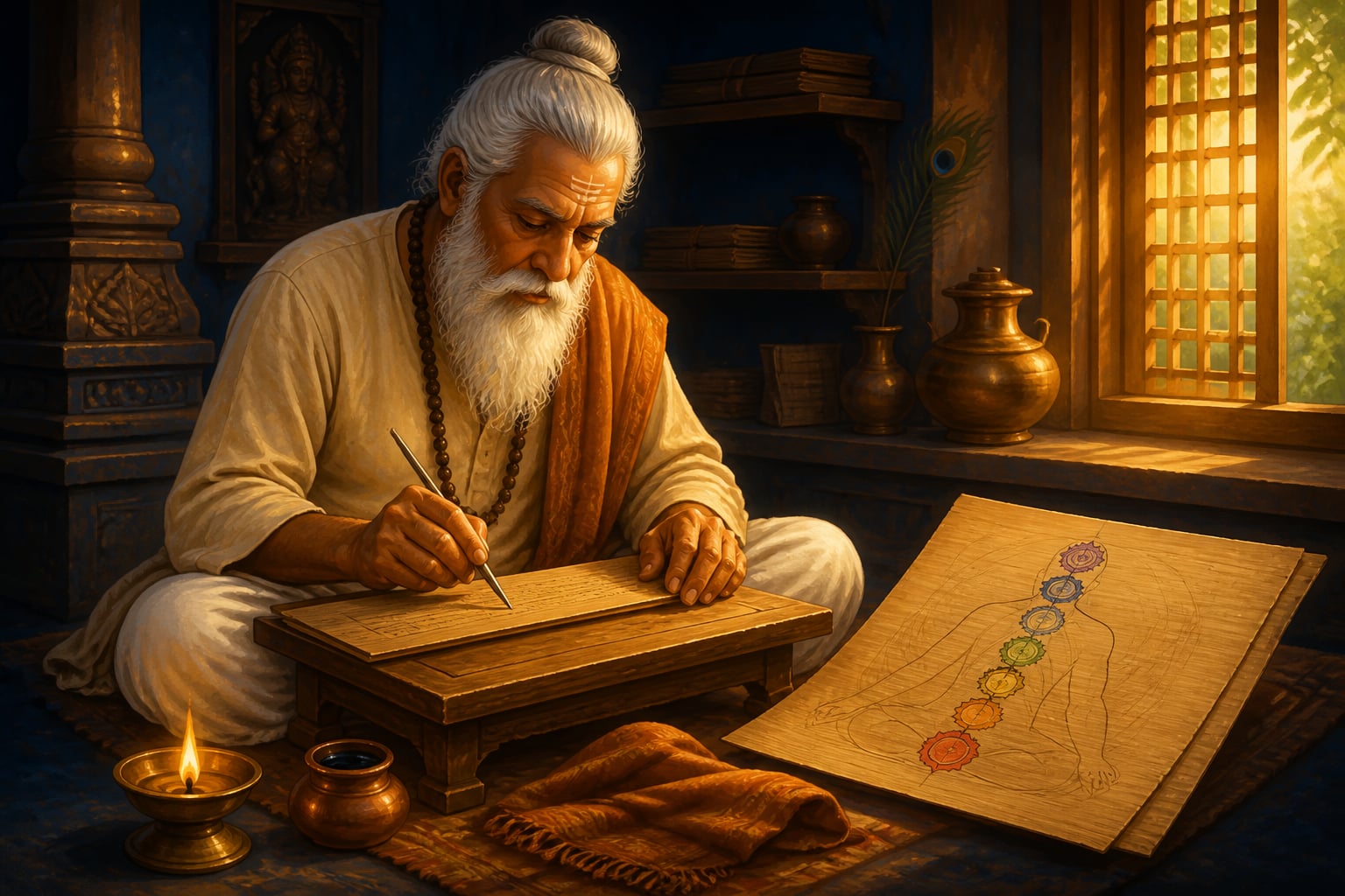 Pūrṇānanda inscribing the Ṣaṭ-Cakra-Nirūpaṇa on palm-leaf in a Bengal temple workshop