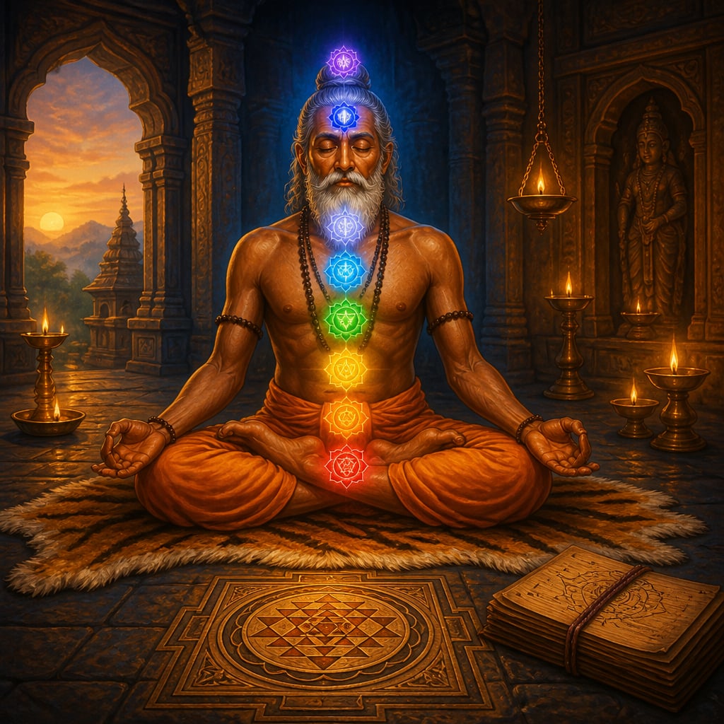 A tantric meditator with the six cakras visualized along the spine