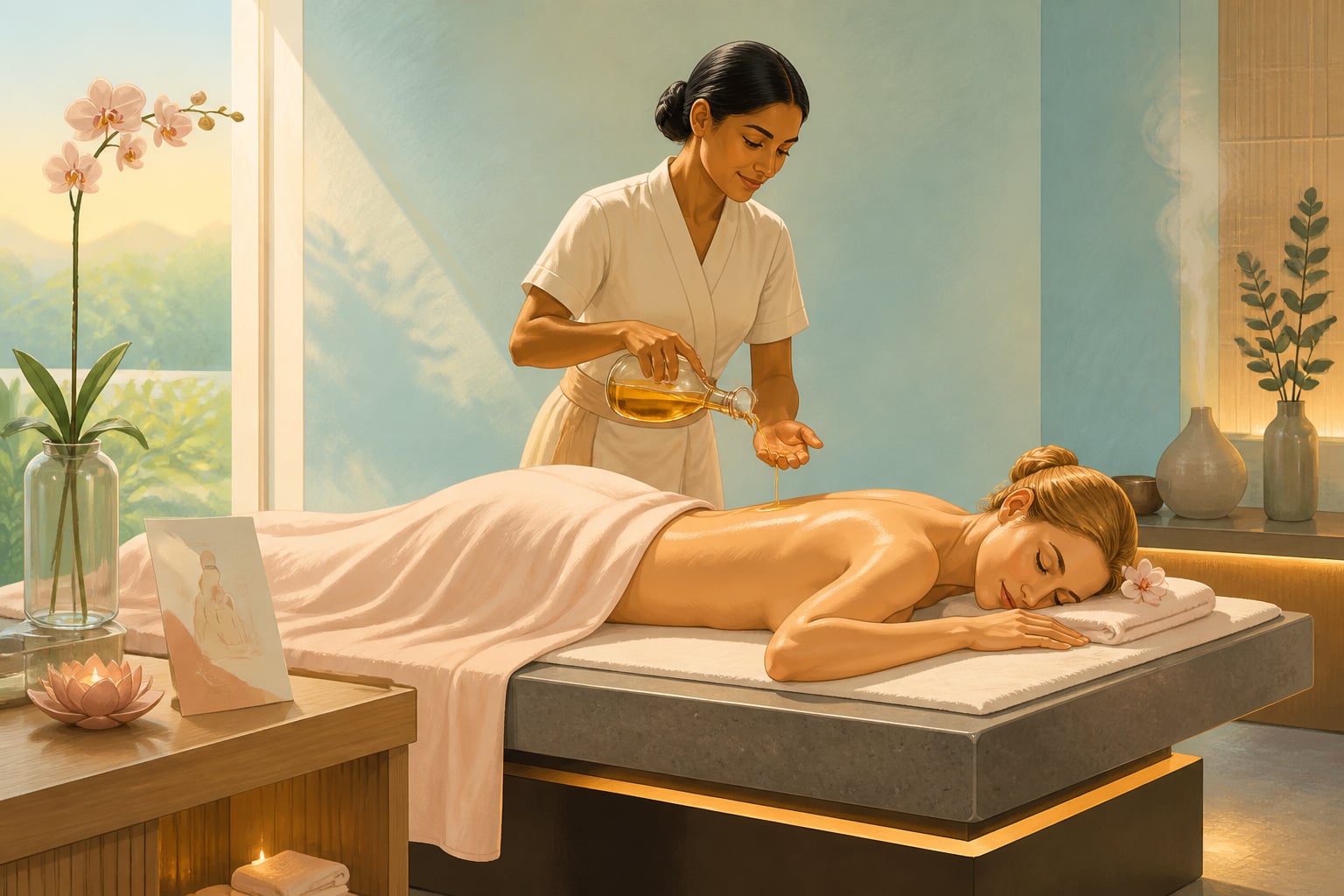 A luxury Western spa offering a sixty-minute Abhyanga massage