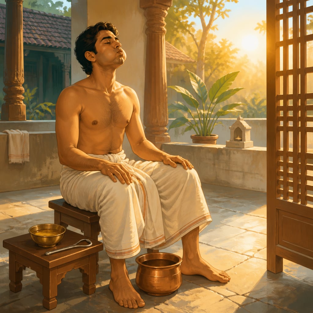 Man performing gandusha at sunrise