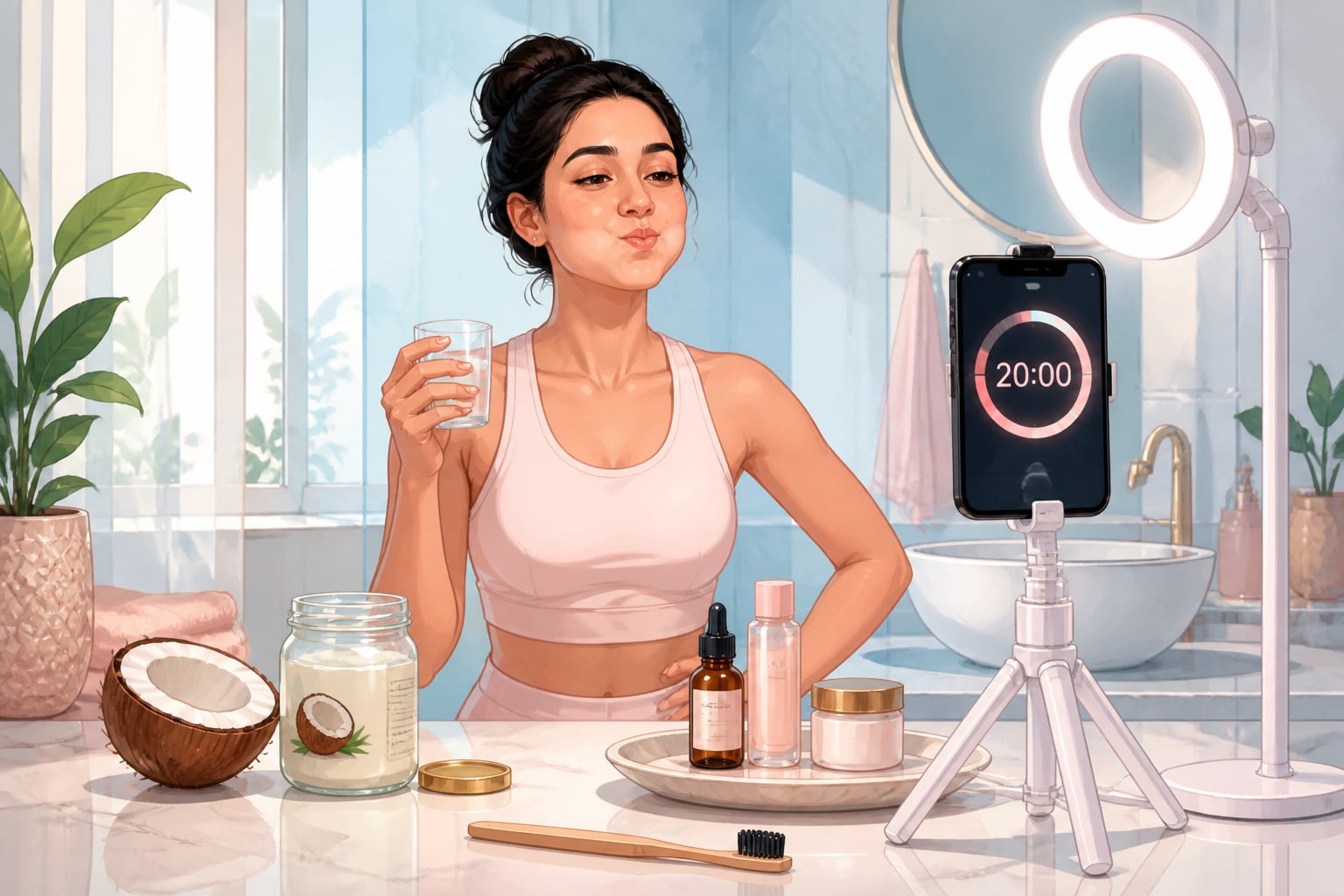 A modern wellness influencer filming a viral oil pulling video