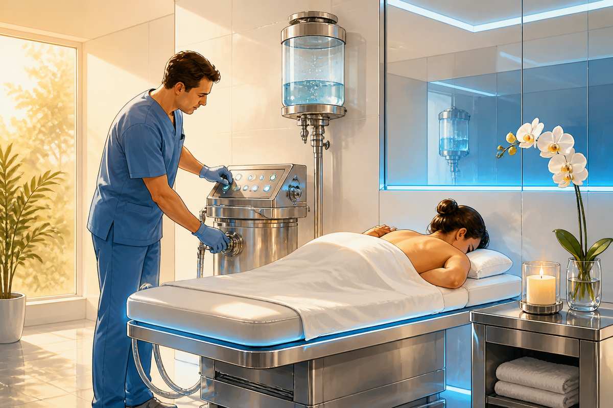 A modern Western colon hydrotherapy clinic, in contrast to traditional Basti