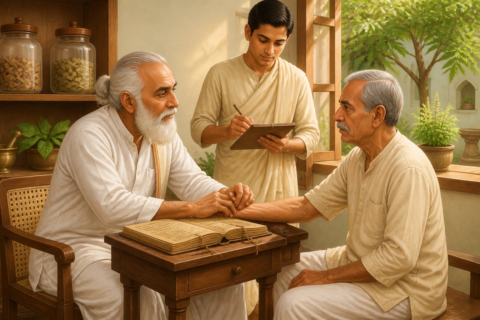 A senior vaidya conducting detailed diagnostic consultation