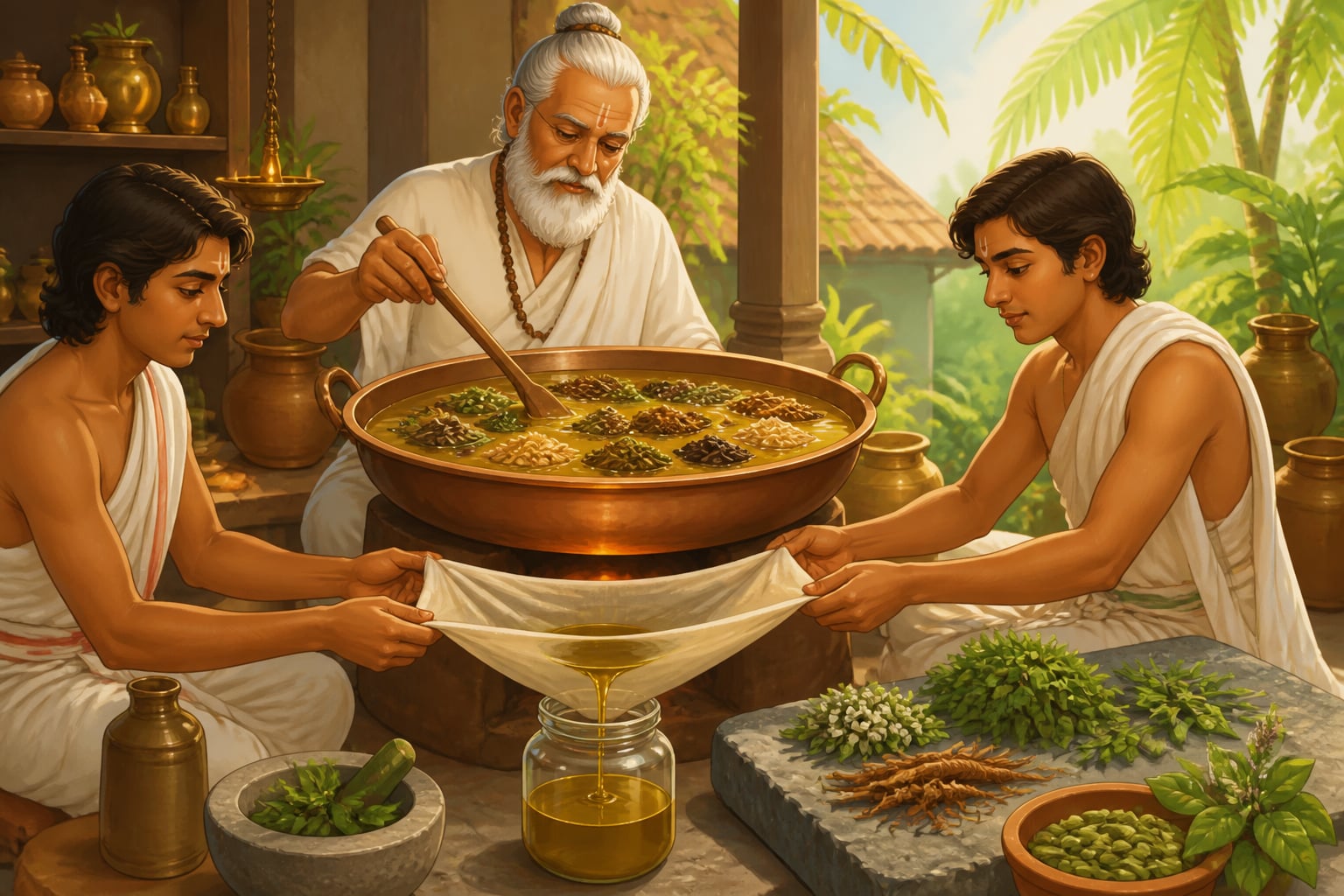 Traditional preparation of anu taila in a Kerala Ayurvedic kitchen