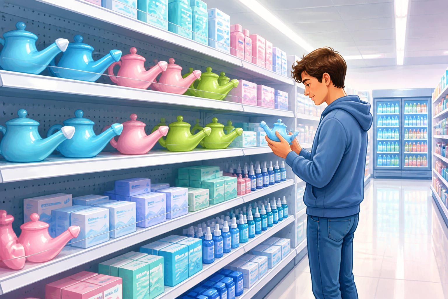 A modern American pharmacy aisle dedicated to sinus care