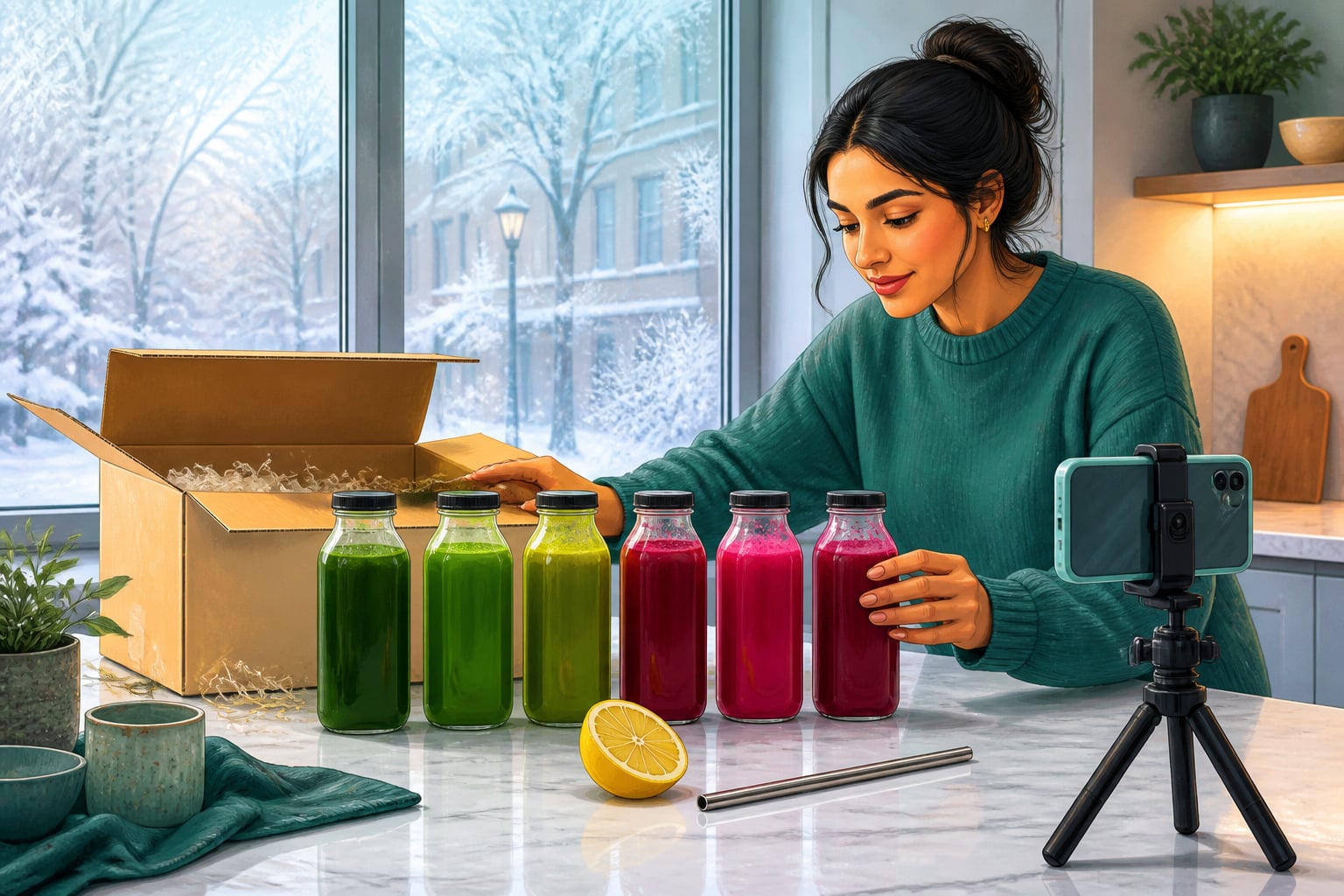 A modern January juice cleanse delivery scene