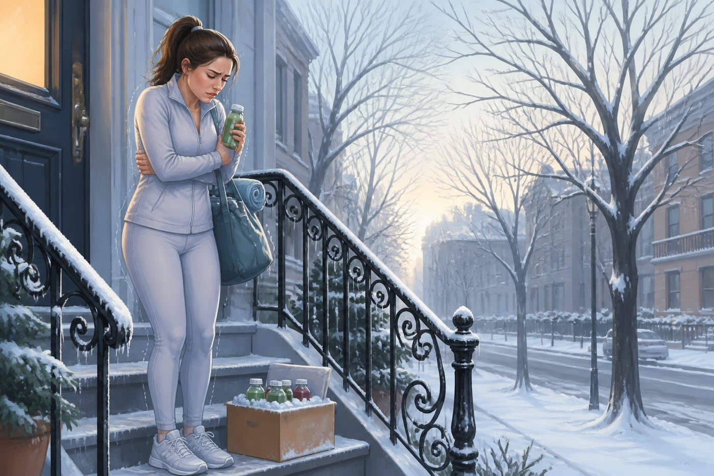 A modern Western January detox scene in cold winter, mistimed