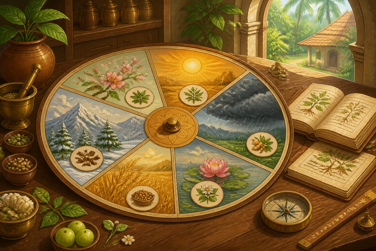 A hand-painted six-season Āyurvedic ṛtucarya wheel