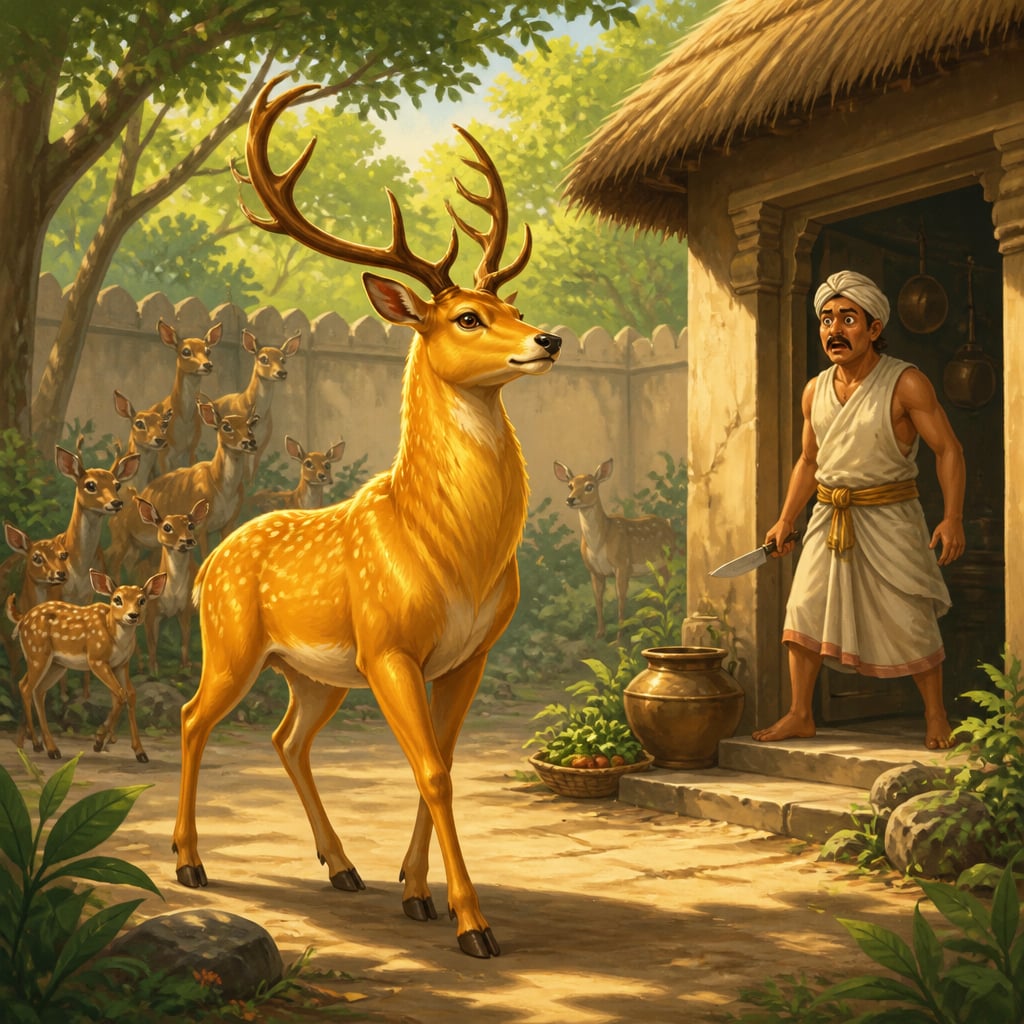 Golden deer Nigrodha walking calmly toward the royal kitchen