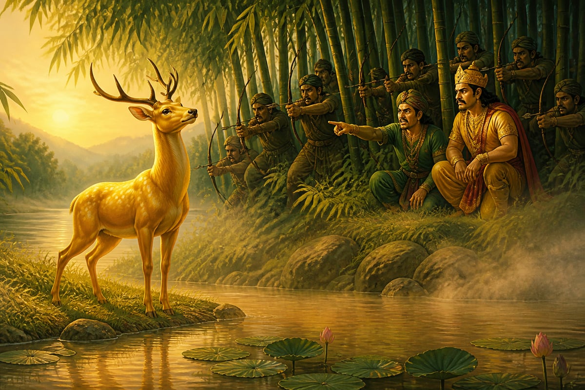 Soldiers nocking arrows at Ruru as Devadatta points him out