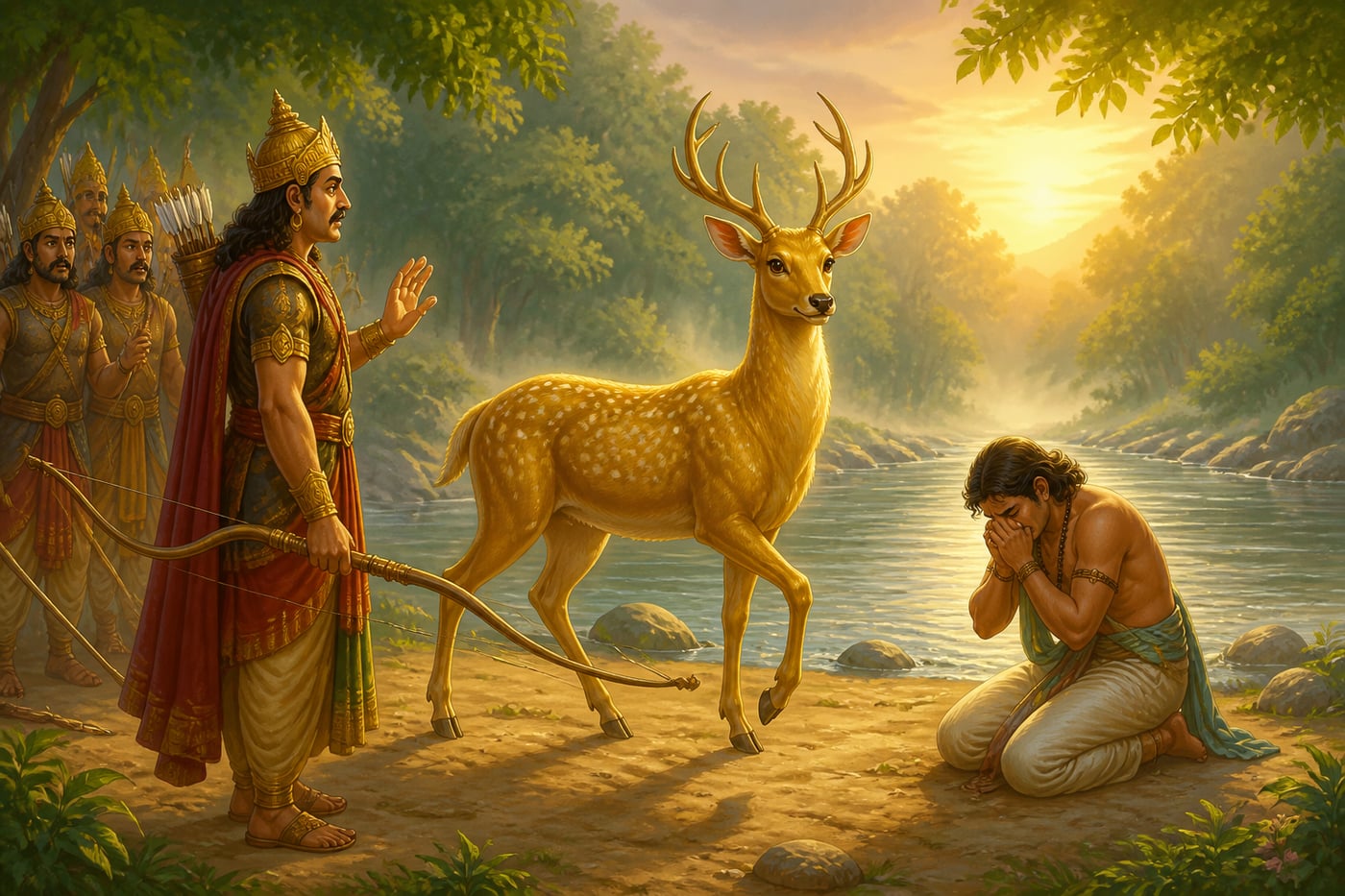 Ruru pleading mercy for Devadatta as the king lowers his bow