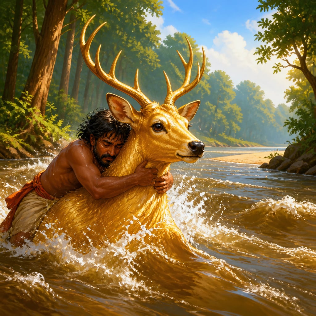 Golden deer Ruru swimming across the Ganges with the drowning man clinging to his neck