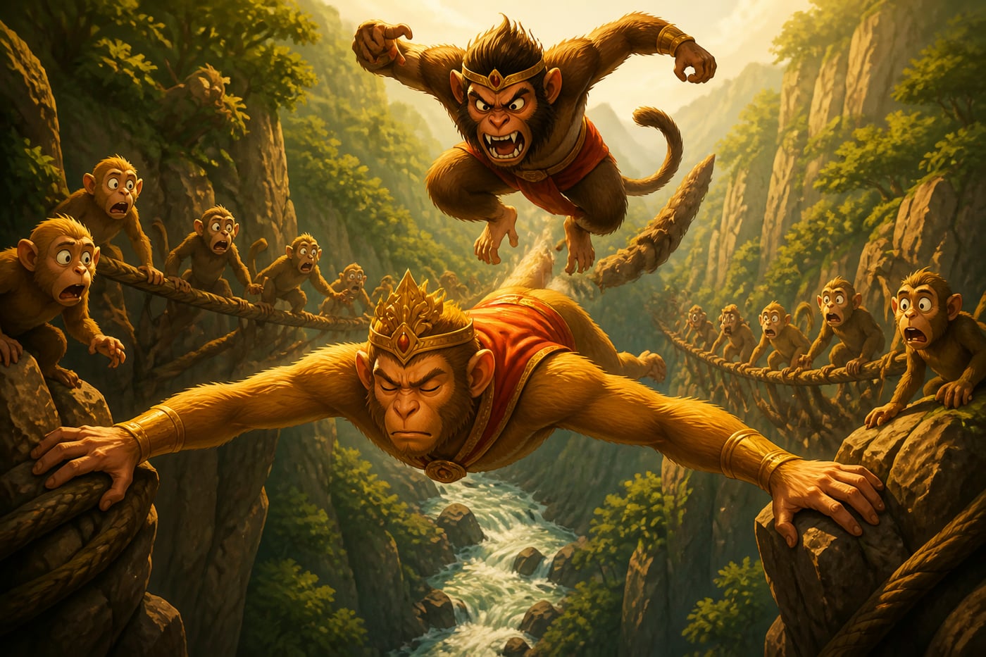 Devadatta leaping cruelly on Mahakapi's stretched back