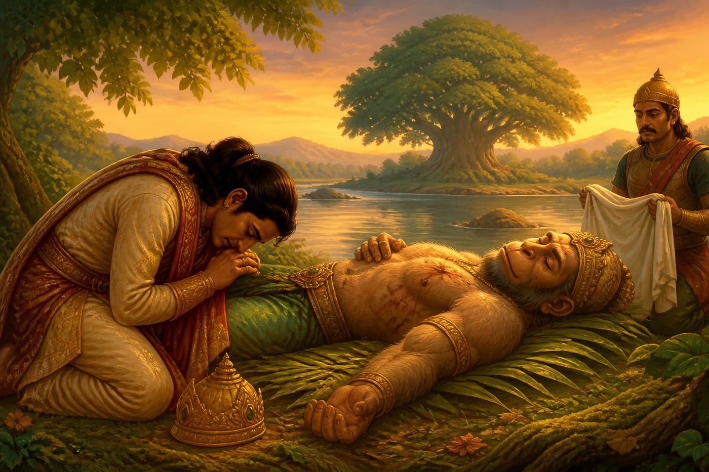 The king of Benares bowing before the dying monkey king