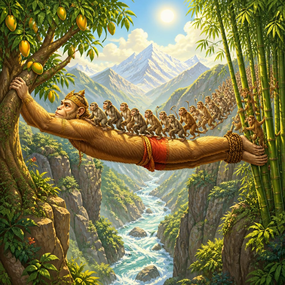 Monkey king Mahakapi stretched as a living bridge across the mountain chasm
