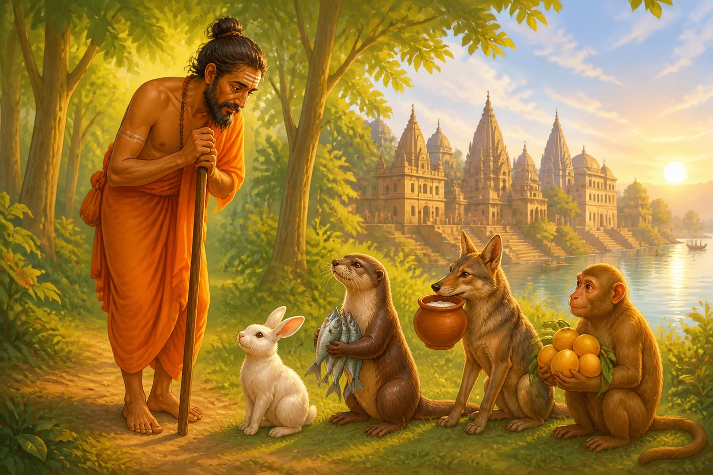 The wandering brahmin arrives as the four friends prepare their offerings