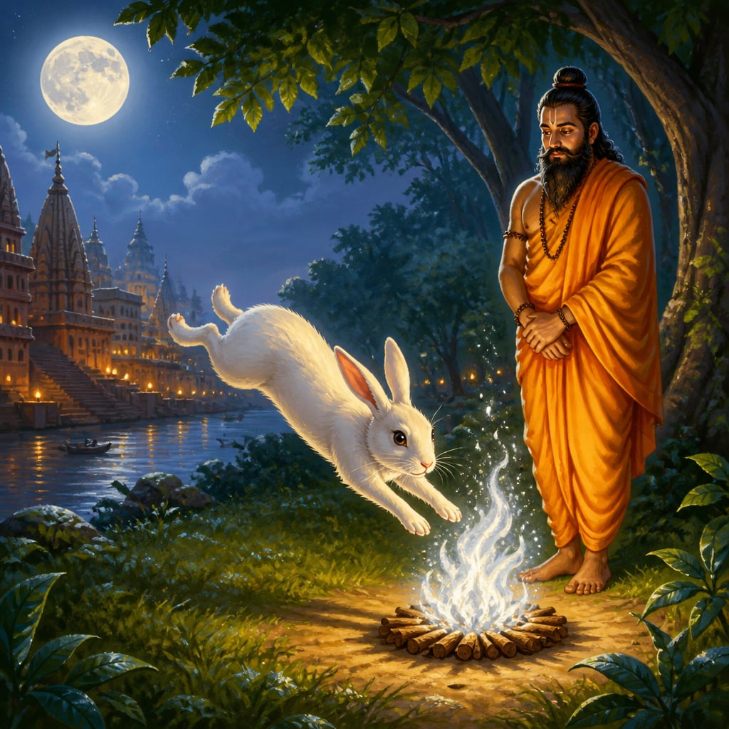 Small white hare leaping into the brahmin's fire at the forest clearing