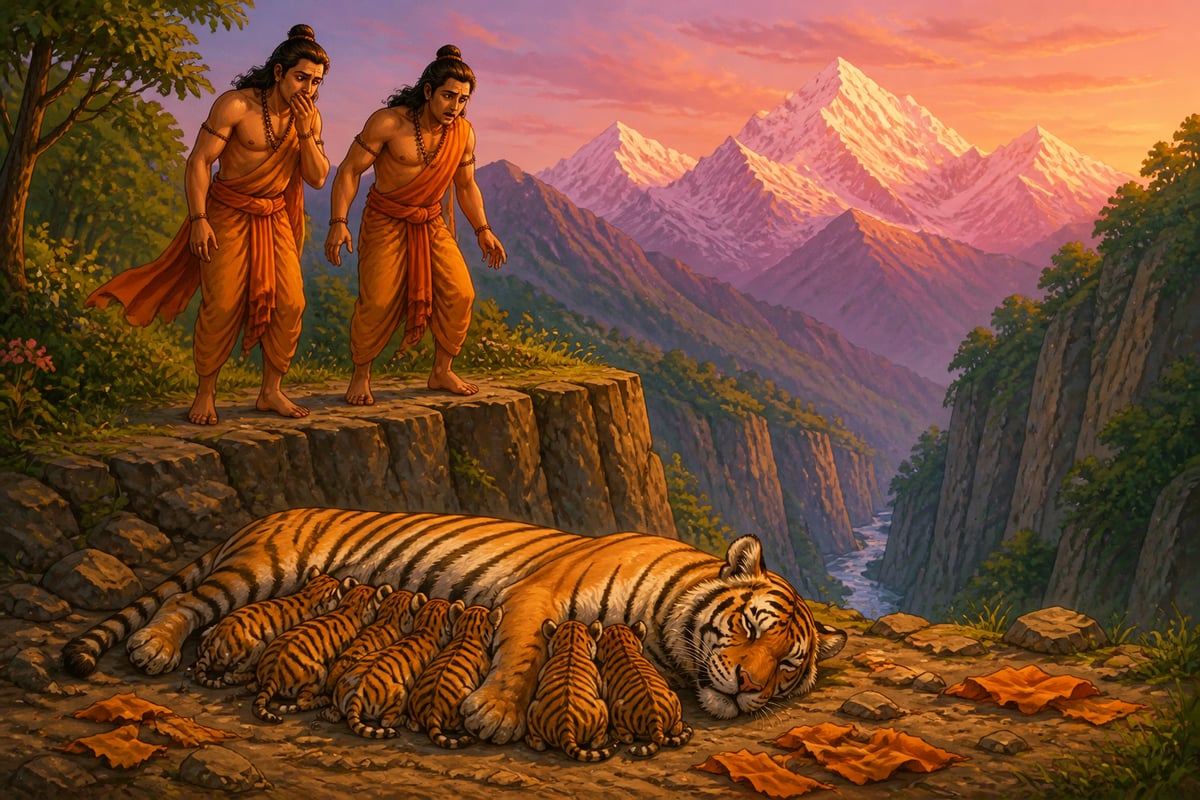 The elder brothers find the tigress sleeping with her nursing cubs