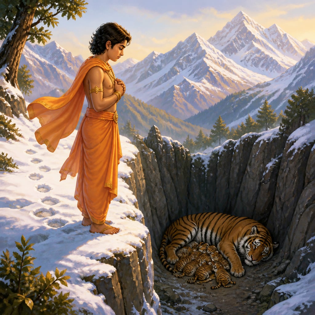 Prince Mahasattva standing at the snowy cliff edge above the starving tigress