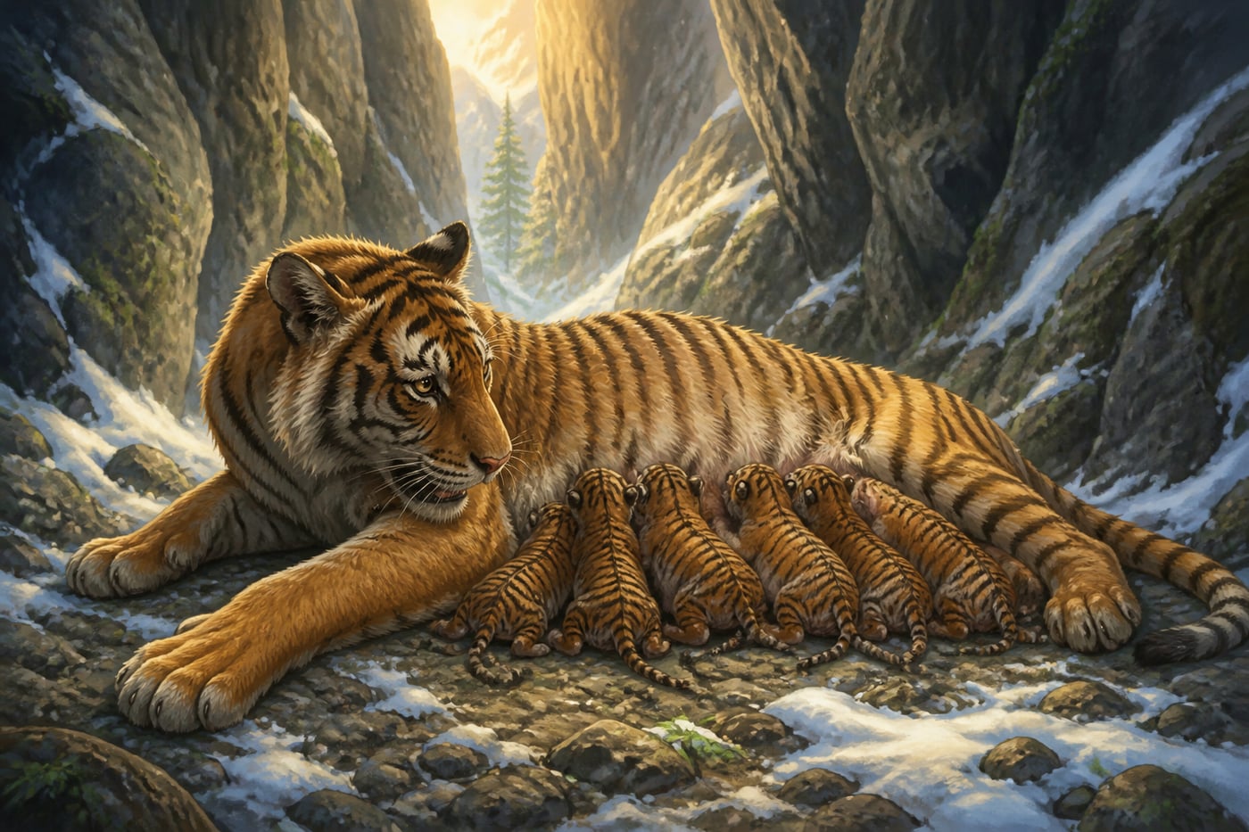 The starving tigress with her cubs in the Himalayan ravine
