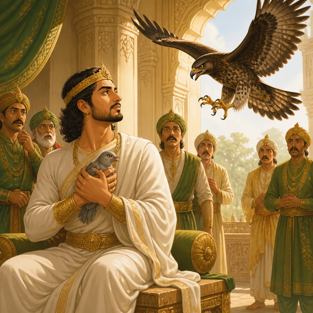 King Shibi cradling the trembling dove as the hawk descends through the audience hall window