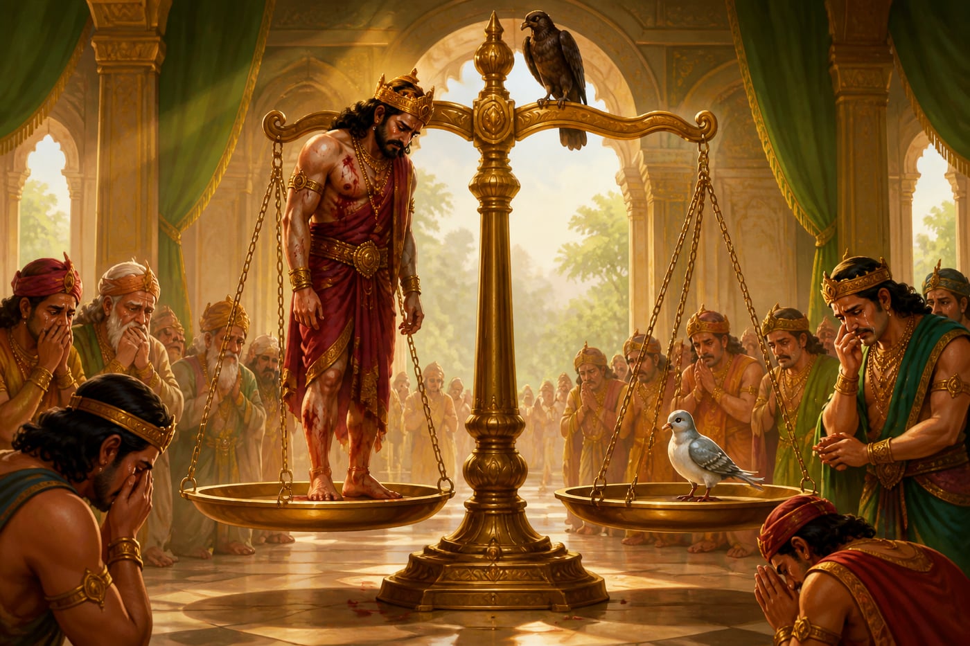 King Shibi steps onto the scale himself as the dove still outweighs his flesh