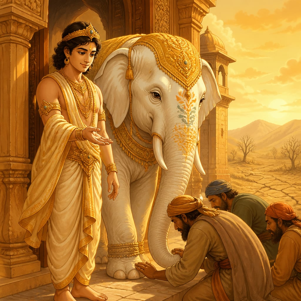 Prince Vessantara gives the sacred white elephant to drought-stricken envoys at the palace gates.