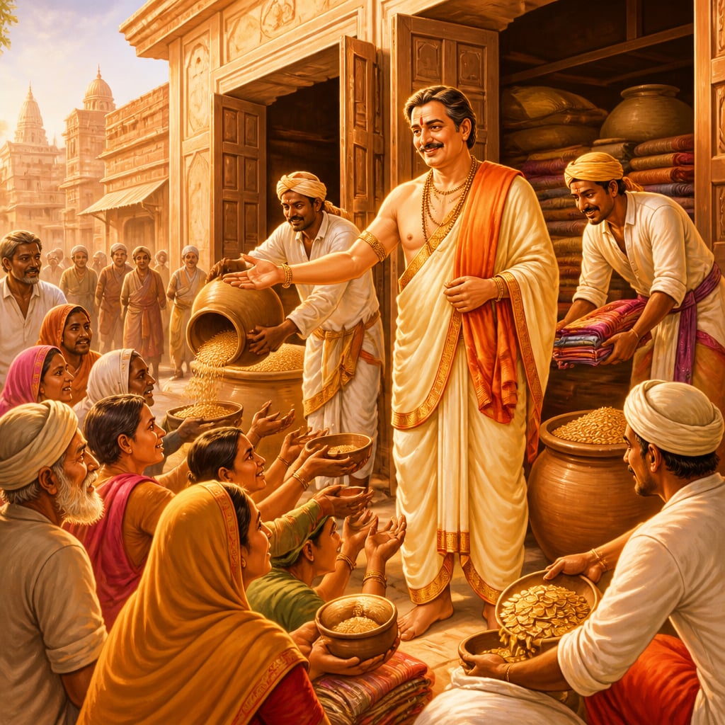 Merchant Sirimanda opens his warehouses to the poor of Benares.