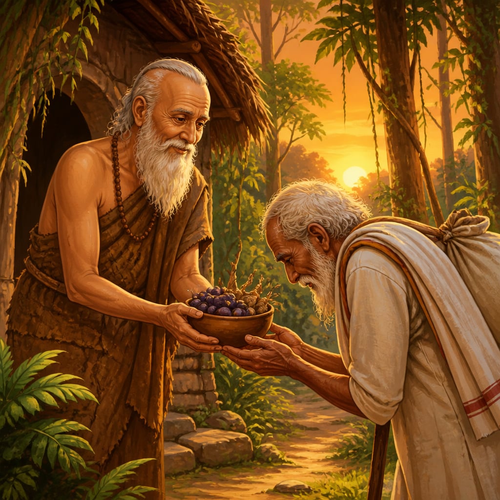 Forest hermit Akitti offers his only bowl of rice to a visiting brahmin.
