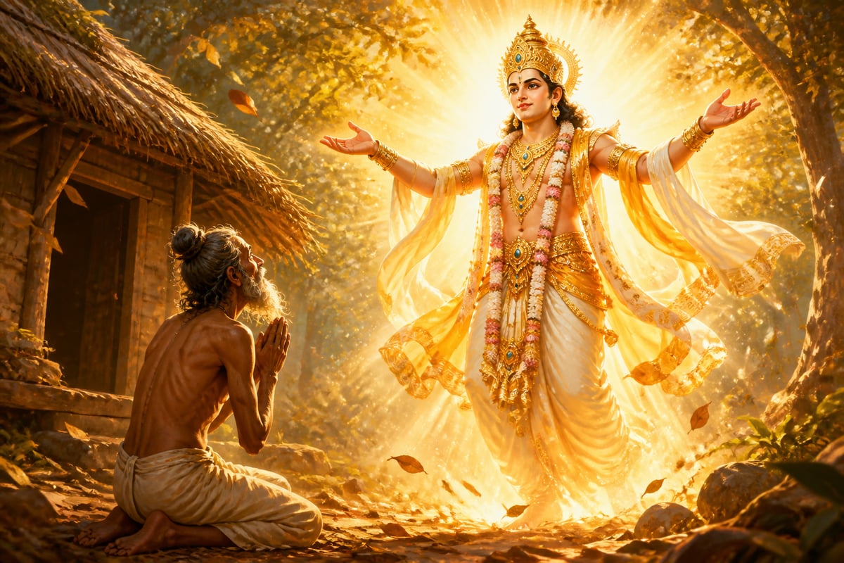 Indra reveals himself in radiance before the weakened hermit