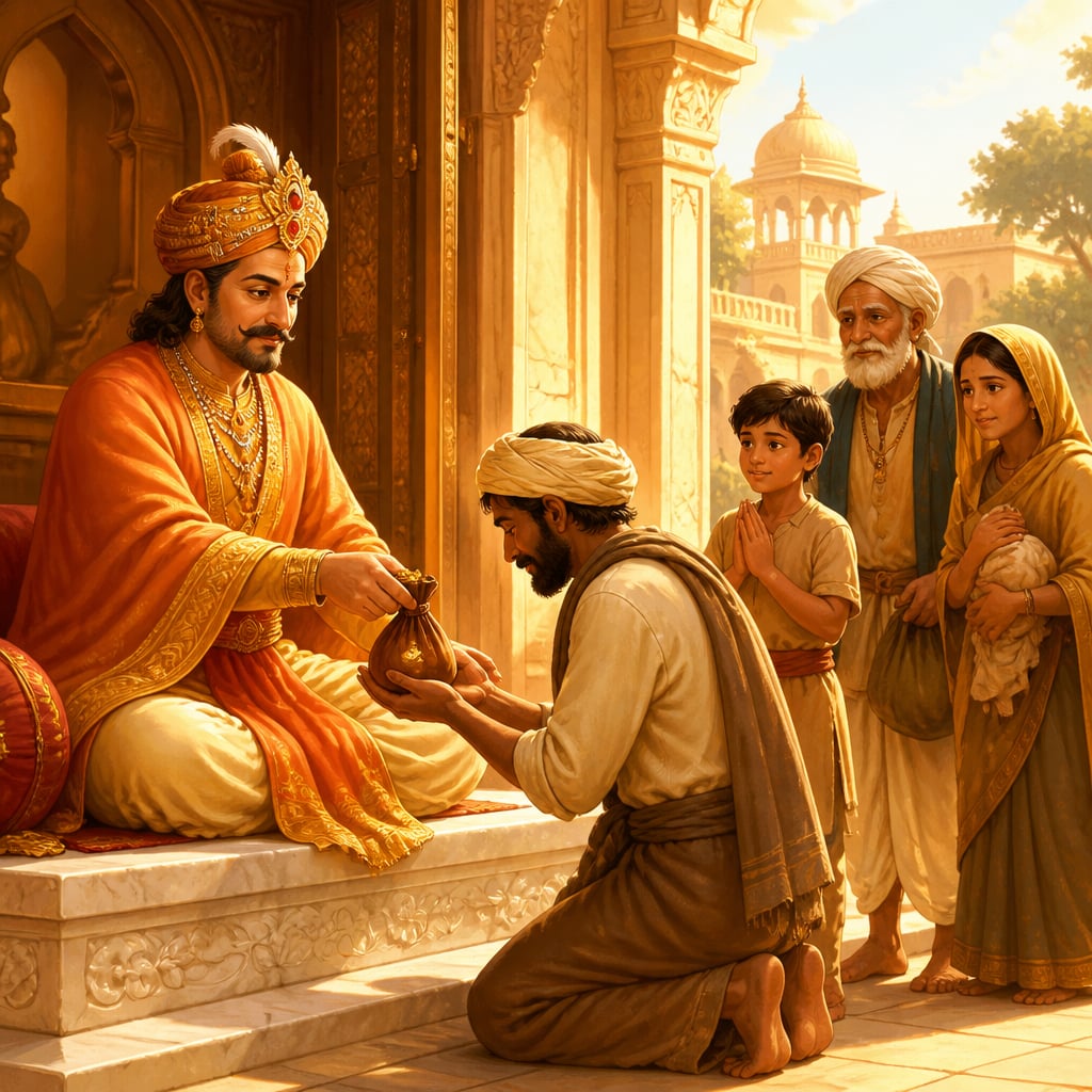 King Sivi grants his own eyes to a blind brahmin petitioner in court.