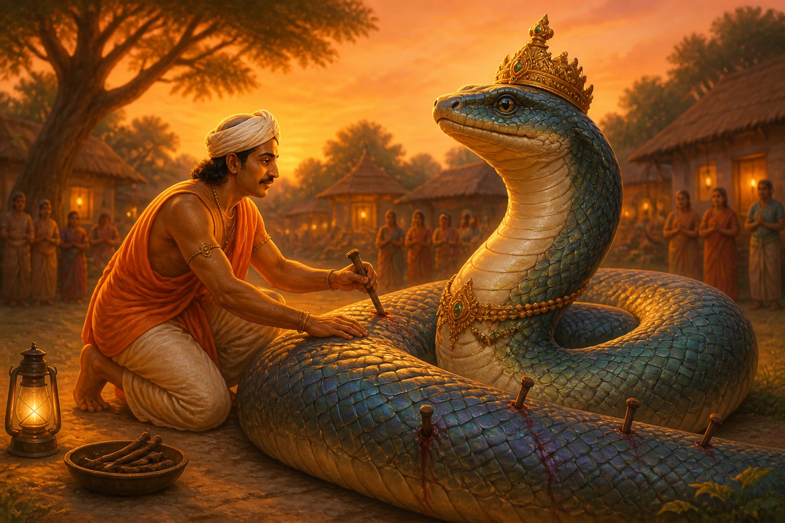 Alara gently removes the stakes from the Naga king