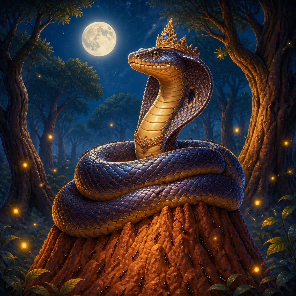 Naga king Sankhapala takes a vow of non-harm coiled atop a forest anthill.