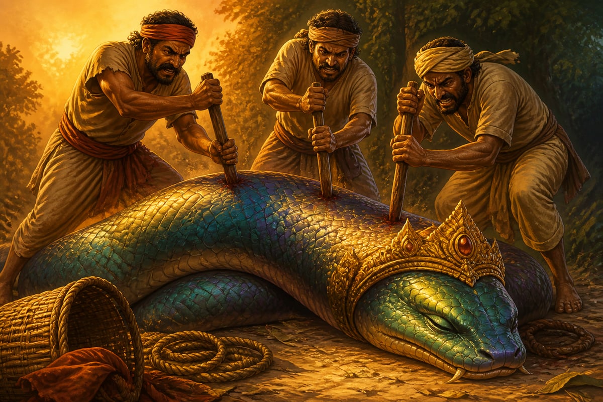 Snake charmers pin Sankhapala to the ground with stakes
