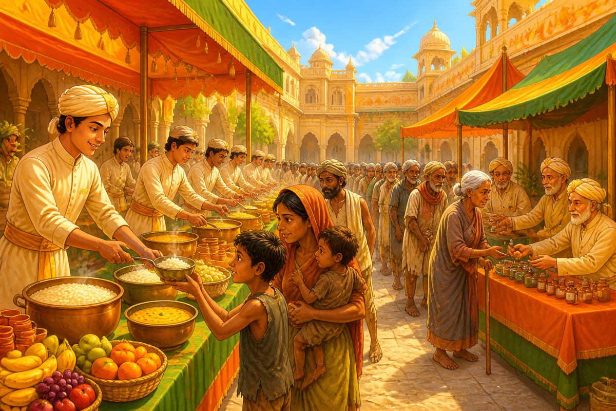 Villagers receive food and medicine in the palace courtyard