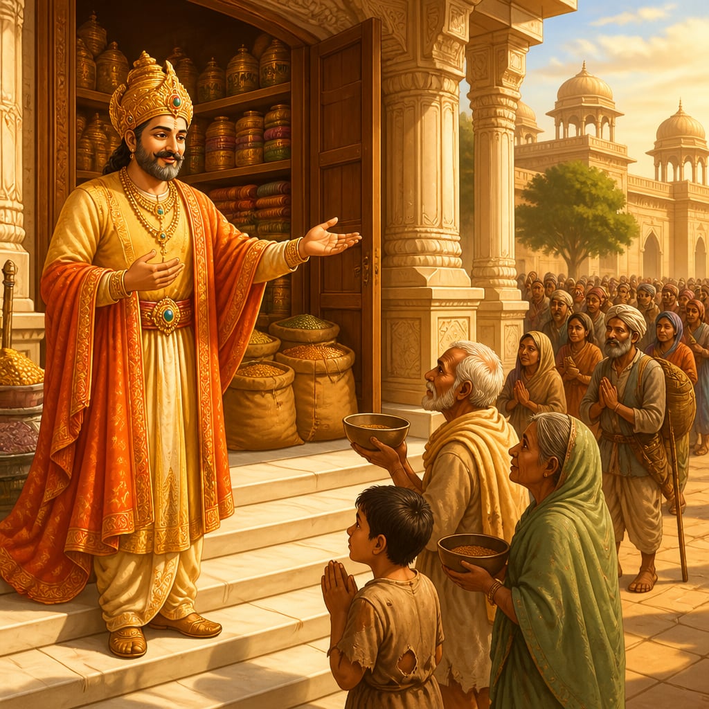 King Brahmadatta opens the royal treasury to feed and clothe his people.