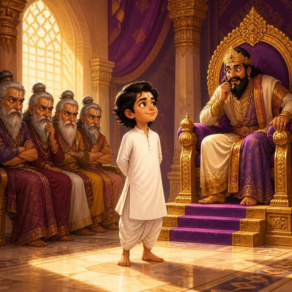 Young Mahosadha stands before King Videha's throne in the Mithila audience hall, the four royal sages looking on.