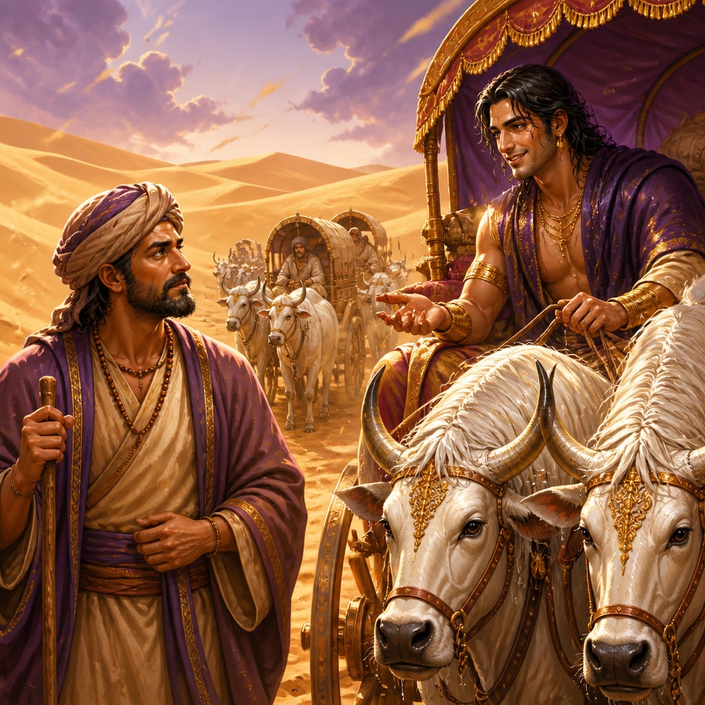 The Bodhisattva caravan leader studies the disguised yaksha demon in the midday desert, noticing the dry mud on his cart wheels.
