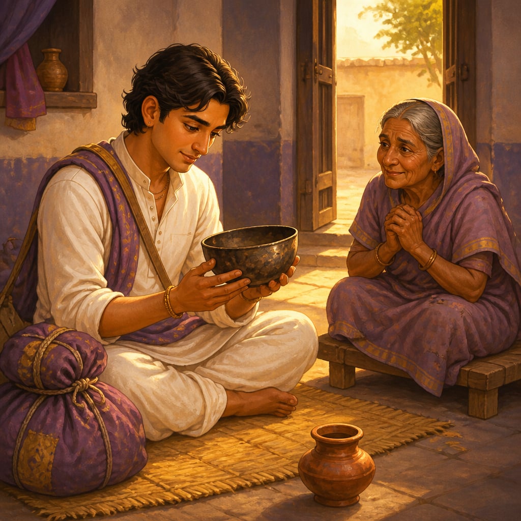 The honest Bodhisattva merchant gently examines a tarnished golden bowl in a humble courtyard while the poor grandmother watches.