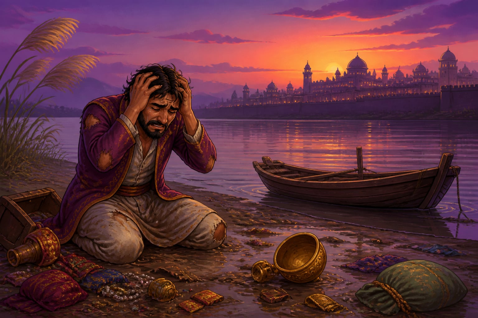 The greedy merchant in despair on the riverbank