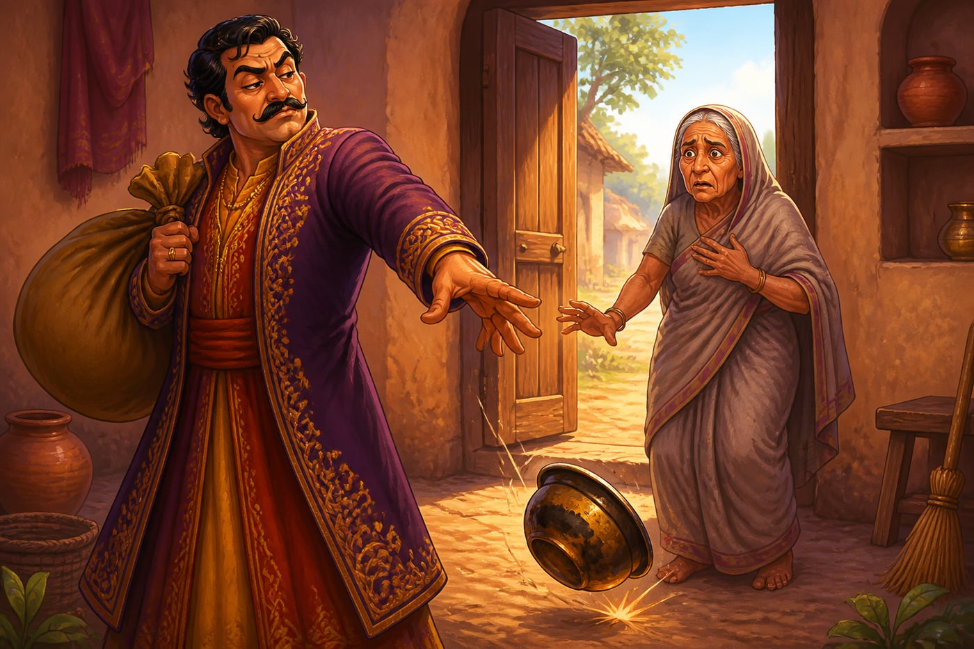 The greedy merchant throwing the bowl to the floor